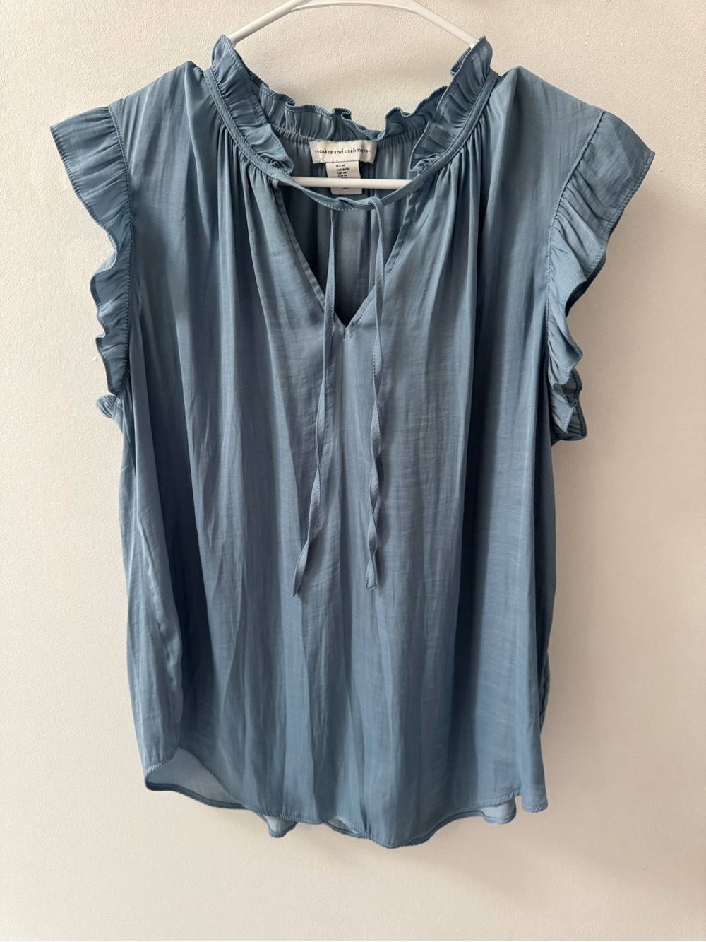 cupcakes & cashmere Dusty Blue Ruffle Tie-Neck Blouse